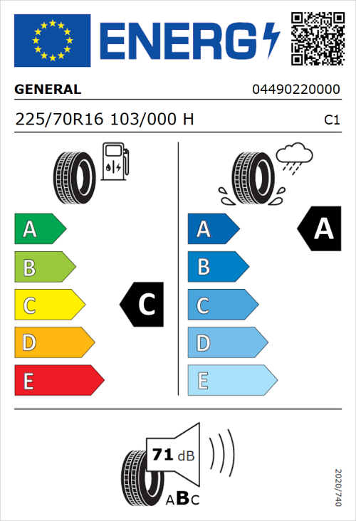 Tyre Label for General Grabber GT Plus 225/70R16 103/000H