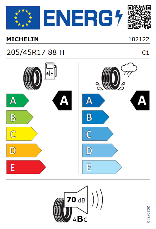 Tyre Label for Michelin Primacy 4 205/45R17 88H