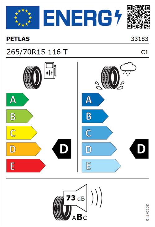 Tyre Label for Petlas Explero PT421 A/T 265/70R15 116T