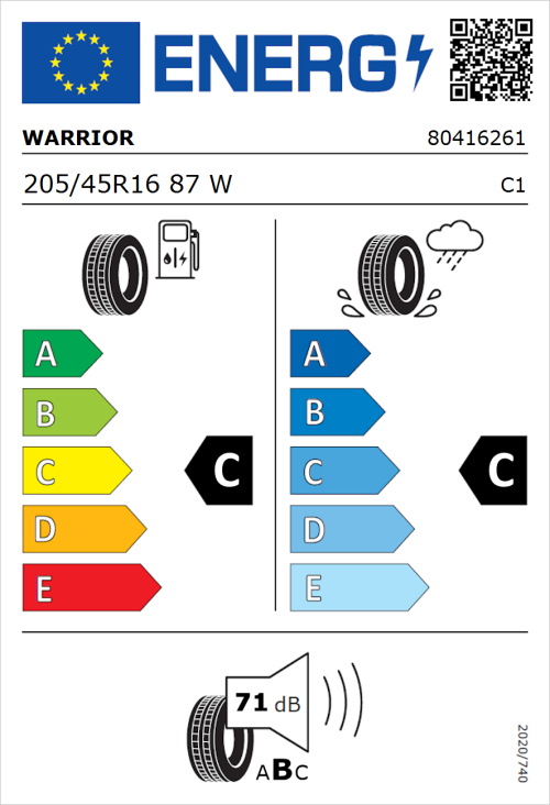 Tyre Label for Warrior R32 205/45R16 87W