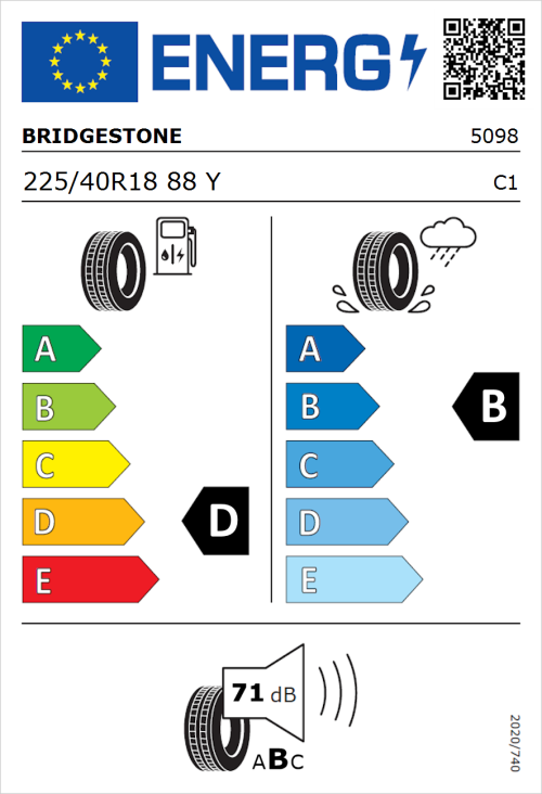 Tyre Label for Bridgestone Potenza S001 225/40R18 88Y