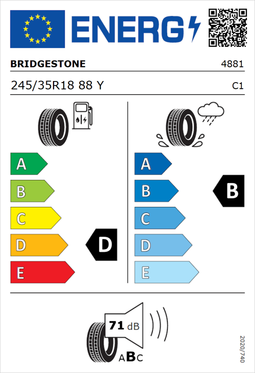 Tyre Label for Bridgestone Potenza S001 245/35R18 88Y
