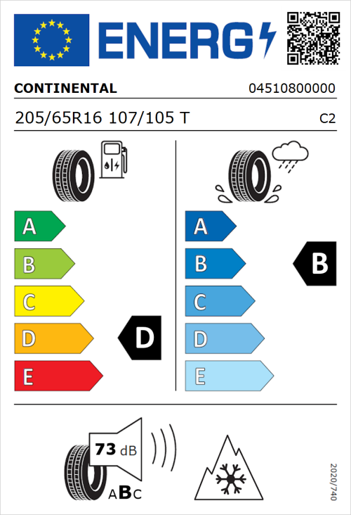 Tyre Label for Continental Vanco FourSeason 2 205/65R16 107/105T